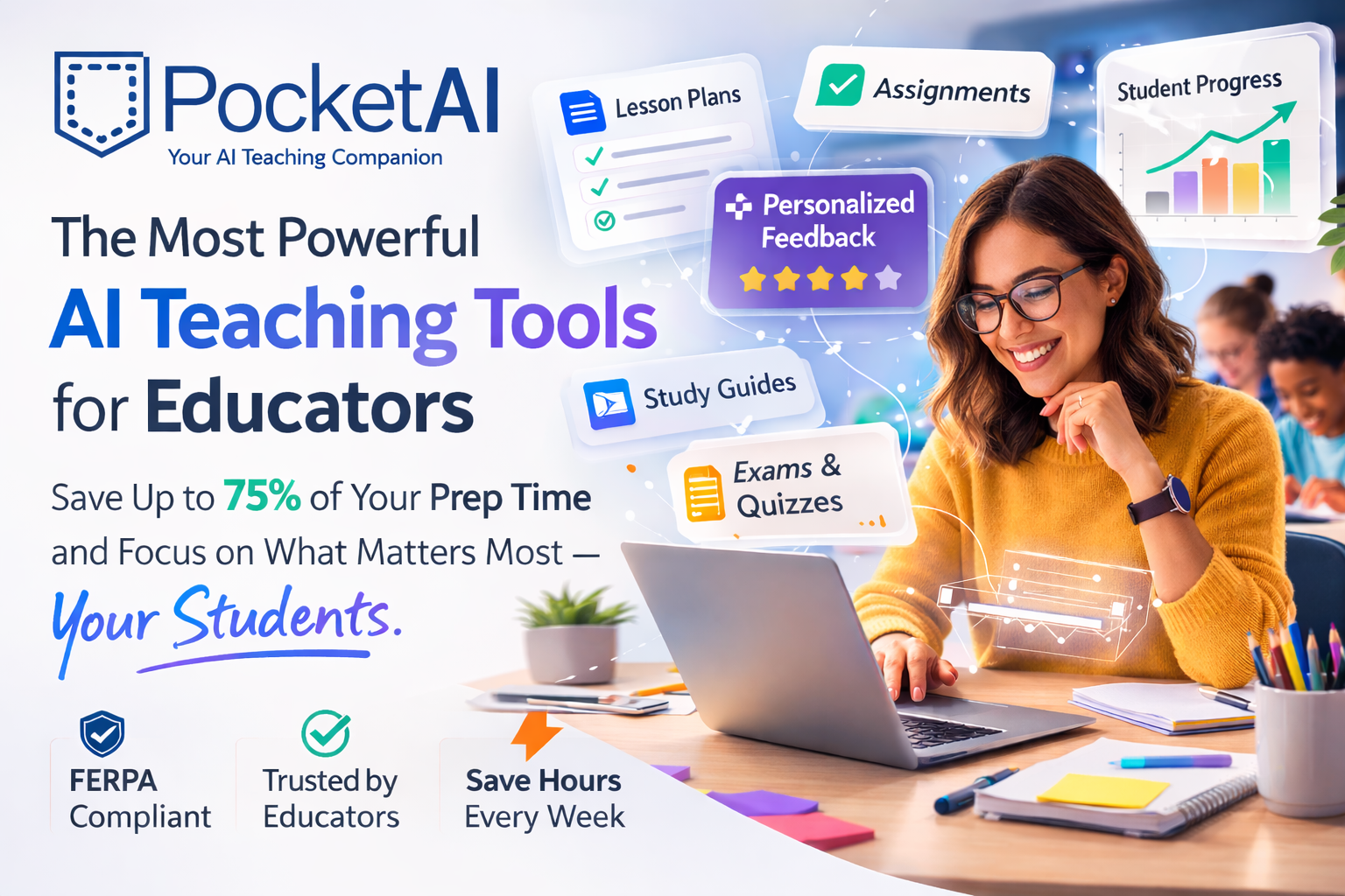 PocketAI.Online AI teaching tools dashboard showing lesson plans, assignments, student progress tracking, personalized feedback, study guides, and exams — used by an educator at her laptop